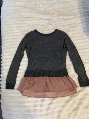 Charcoal Gray Long-Sleeve Sweater Top with Dusty Rose Tulle Hem